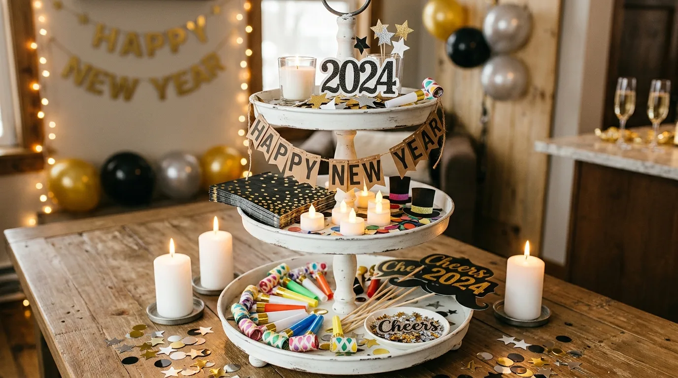 Budget-friendly New Year's Eve tiered tray decor